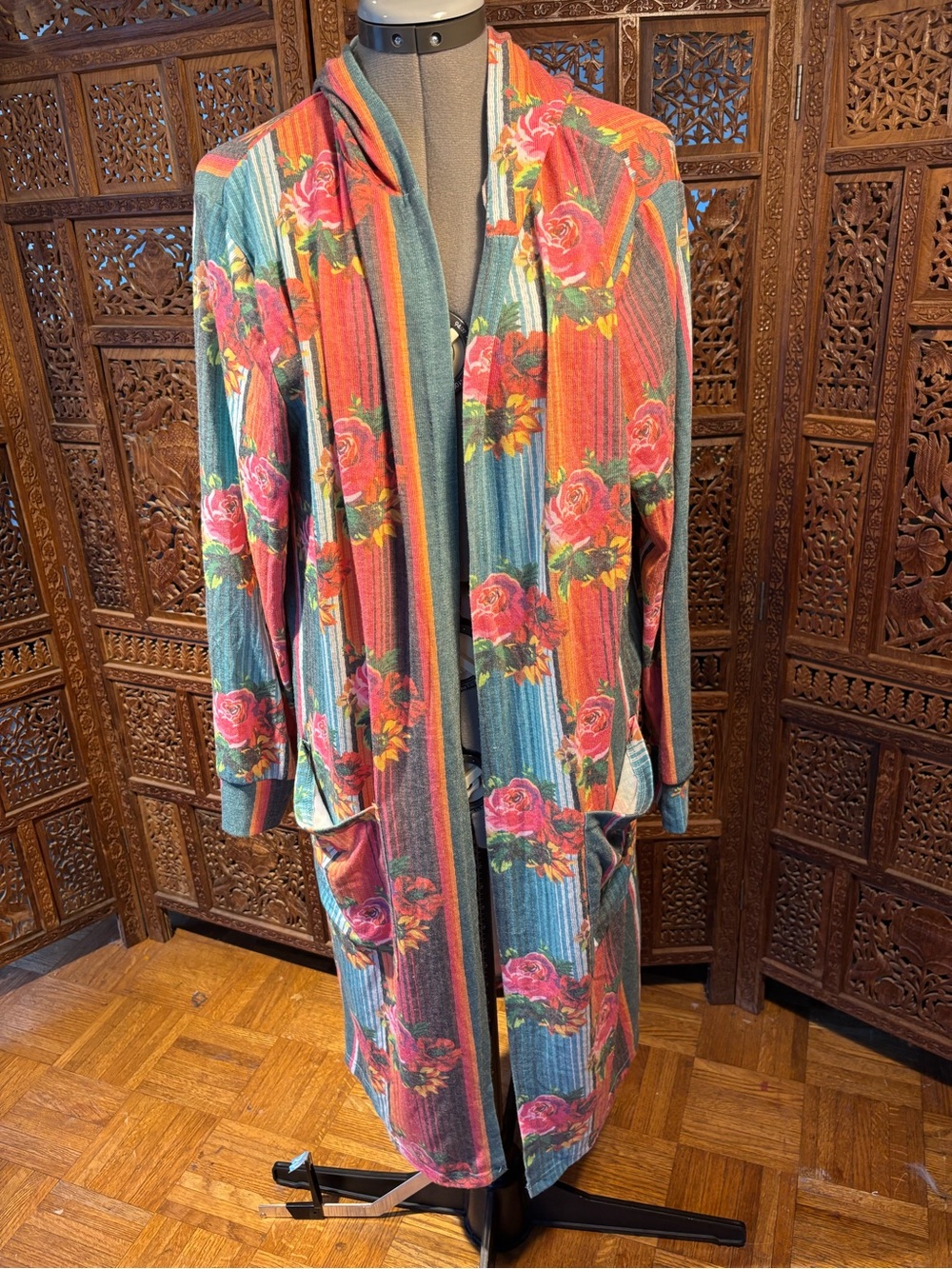 Crazy Train Multicolor Floral Stripe Long Open Cardigan With Hoodie